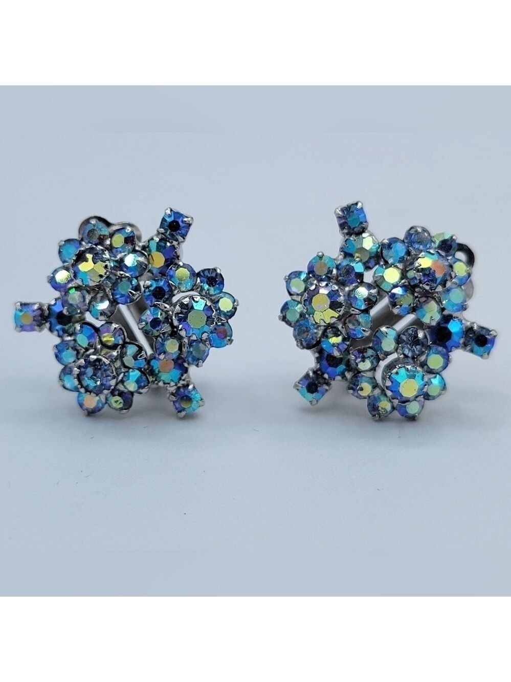 Continental Earrings Blue AB Floral Design Clip On #2525